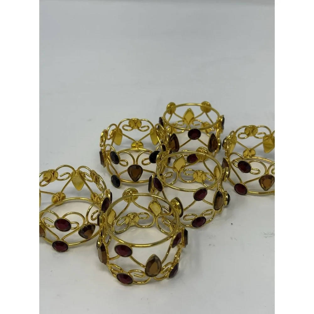 6 Pier One Imports Jeweled Napkin Rings Red & Amber Set In Gold Tone Metal